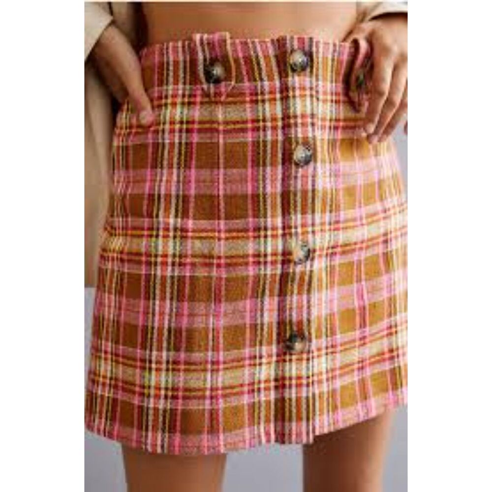 Maeve Anthropologie Mini Pink Brown Plaid Skirt Preppy Academia Size 10